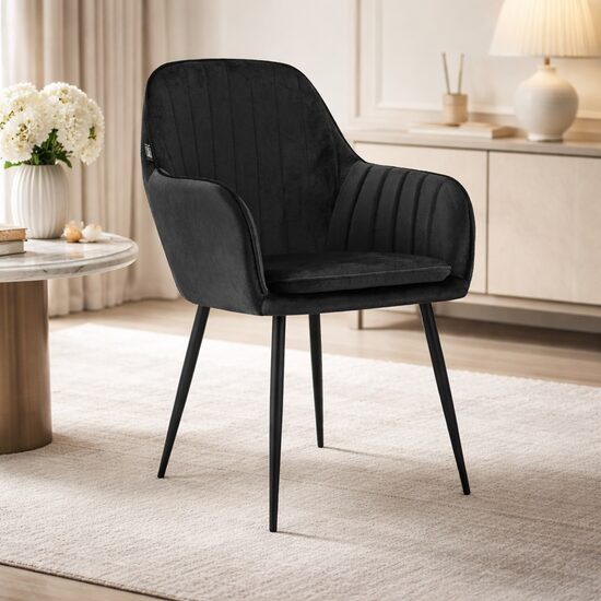 Scaun stil fotoliu bucatarie/living, Artool, Lugo, catifea neagra, picioare metal negru, 57.5x56.5x86.5 cm