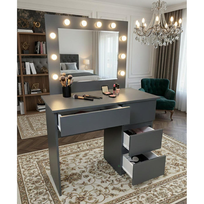 Masa de toaleta/machiaj, Irina, antracit, cu oglinda si LED-uri, 94x43x141 cm