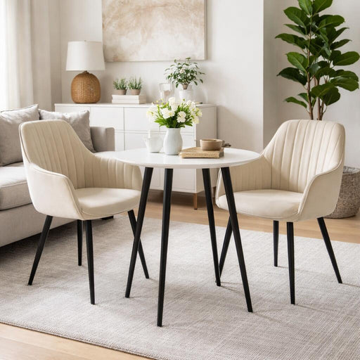 Scaun stil fotoliu bucatarie/living, Artool, Solden, catifea bej, picioare metal negru, 55x45.5x83.5 cm