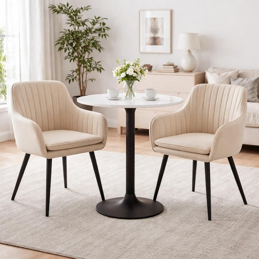 Scaun stil fotoliu bucatarie/living, Artool, Lugo, catifea bej, picioare metal negru, 57.5x56.5x86.5 cm