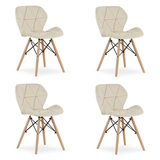 Set 4 scaune stil scandinav, Artool, Lago, catifea bej, picioare lemn natur, 47x52x74 cm