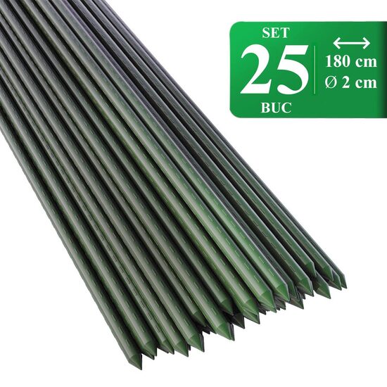 Set 25 araci/suport pentru rosii, castraveti, fasole, metal + PVC, verde, 180x2 cm, Artool