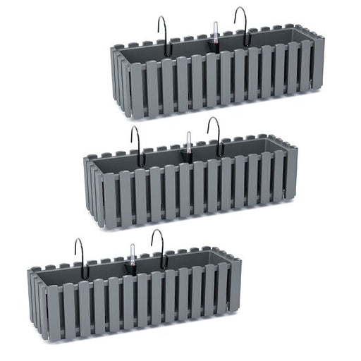 Set 3 jardiniere decorative cu suport metalic, sistem irigare, gri, 58x18x16.2 cm, Boardee Fencycase W