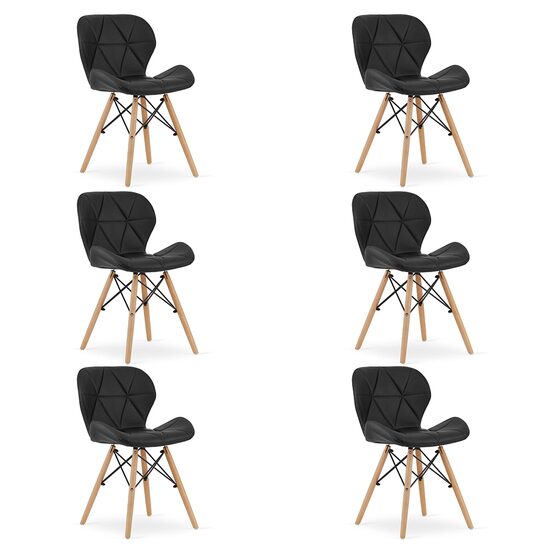 Set 6 scaune bucatarie/living, Artool, Lago, piele ecologica neagra, picioare lemn natur, 47x38x73 cm