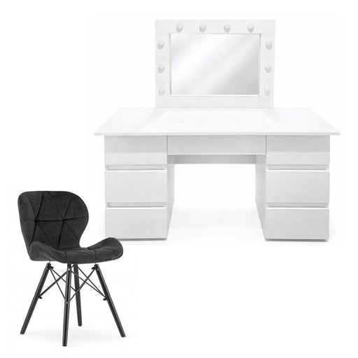 Masa de toaleta/machiaj, Vanessa, alba + scaun Lago, negru, cu oglinda si LED-uri, 130x43x143 cm