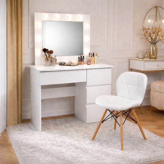 Masa de toaleta/machiaj, Irina + scaun Lago, alb, cu oglinda si LED-uri, 94x43x141 cm