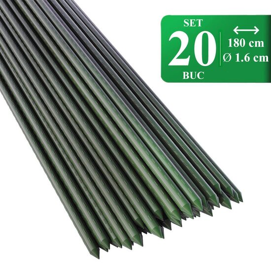 Set 20 araci de gradina pentru rosii, castraveti, fasole, metal + PVC, verde, 180x1.6 cm, Artool
