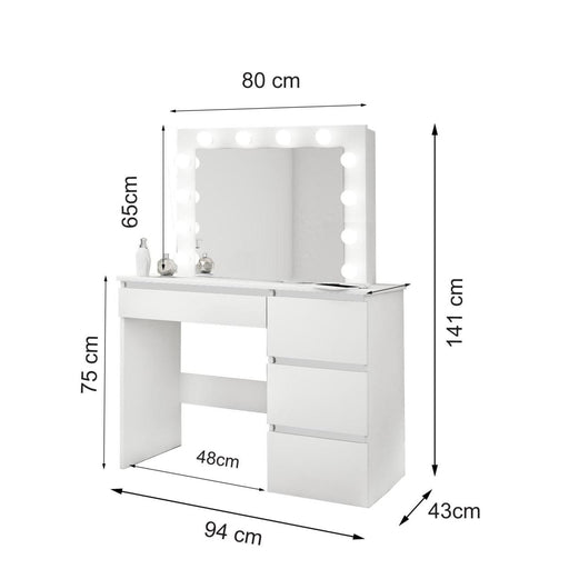 Masa de toaleta/machiaj, alba, cu oglinda si LED-uri, Nadia, 94x43x141 cm