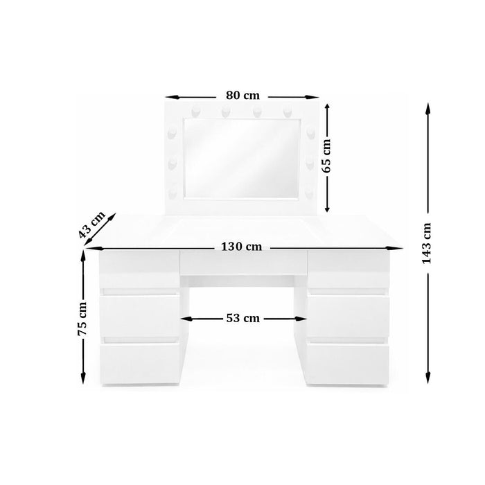Masa de toaleta/machiaj, Vanessa, alba + scaun Mark, bej, cu oglinda si LED-uri, 130x43x143 cm