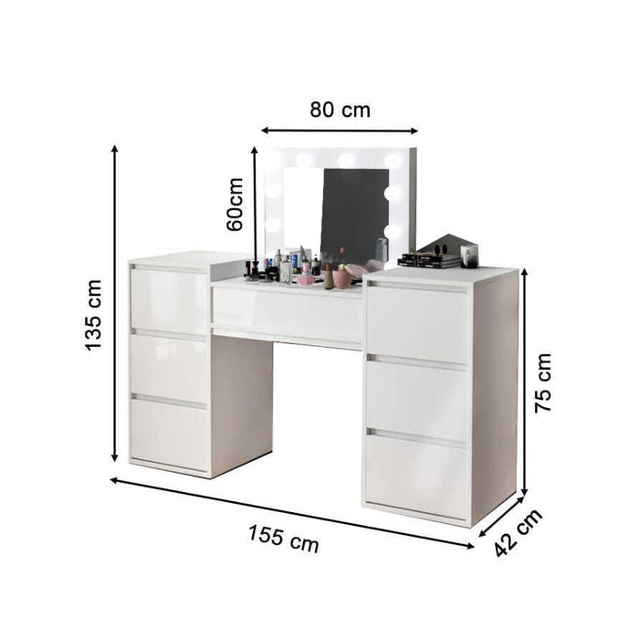 Masa de toaleta/machiaj, alb, cu oglinda si LED-uri, Silvia , 155x42x135 cm