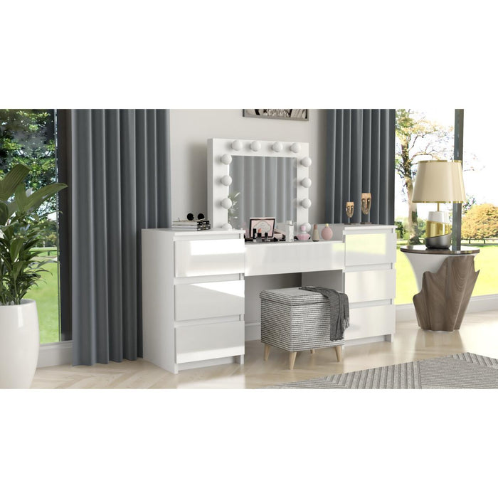 Set masa de toaleta/machiaj Antonia + scaun Mark, alb, sertare lucioase, cu oglinda si LED-uri, 155x42x135 cm