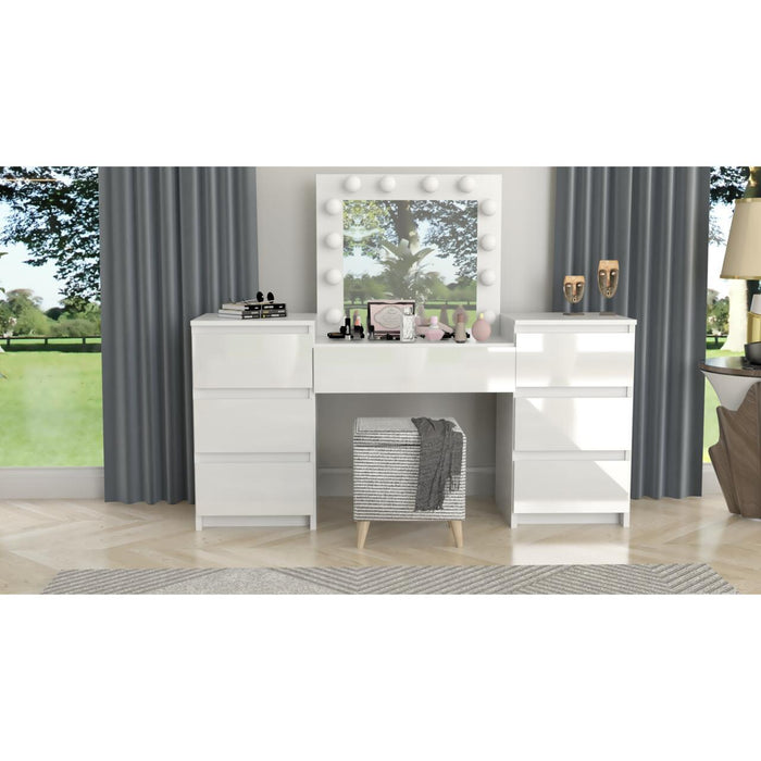 Set masa de toaleta/machiaj Antonia + scaun Mark, alb, sertare lucioase, cu oglinda si LED-uri, 155x42x135 cm