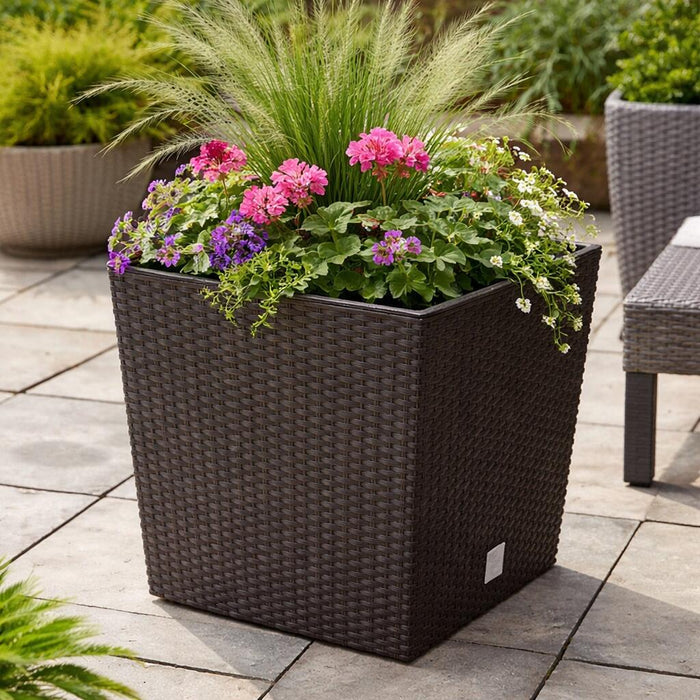 Set 2 ghivece de flori, Rato Low, imitatie ratan, patrate, 40x40x40.8 cm, maro, Prosperplast