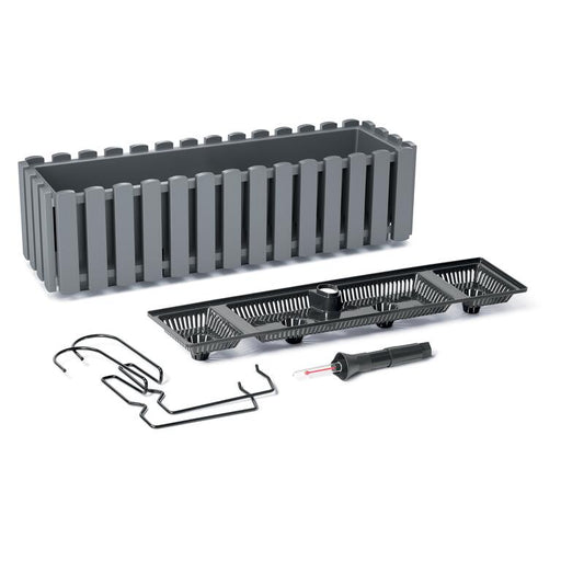 Set 3 jardiniere decorative cu suport metalic, sistem irigare, gri, 58x18x16.2 cm, Boardee Fencycase W