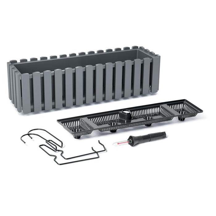 Set 3 jardiniere decorative cu suport metalic, sistem irigare, gri, 58x18x16.2 cm, Boardee Fencycase W