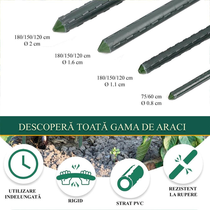 Set 100 araci/suport pentru rosii, castraveti, fasole, metal + PVC, verde, 180x1.6 cm, Artool