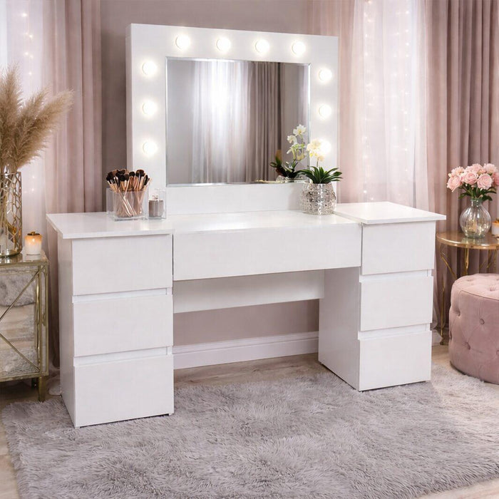 Masa de toaleta/machiaj, Antonia + scaun Lago, alb, cu oglinda si LED-uri, 155x42x135 cm