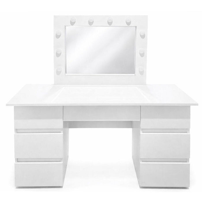Masa de toaleta/machiaj, Vanessa + scaun Avola, alb, cu oglinda si LED-uri, 130x43x143 cm