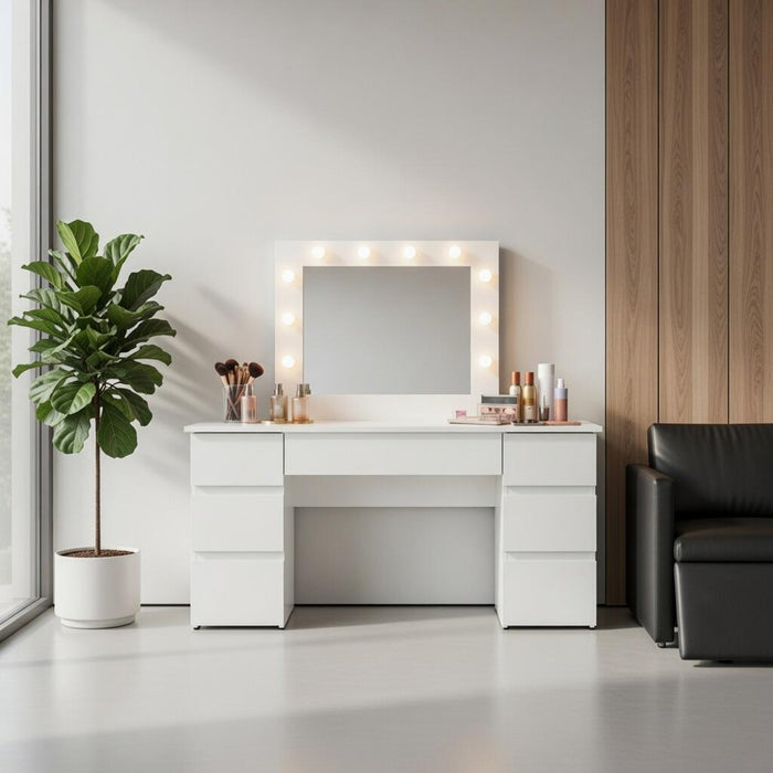 Masa de toaleta/machiaj, Antonia + scaun Lago, alb, cu oglinda si LED-uri, 155x42x135 cm