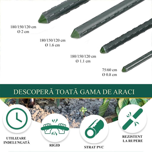 Set 25 araci/suport pentru rosii, castraveti, fasole, metal + PVC, verde, 150x2 cm, Artool