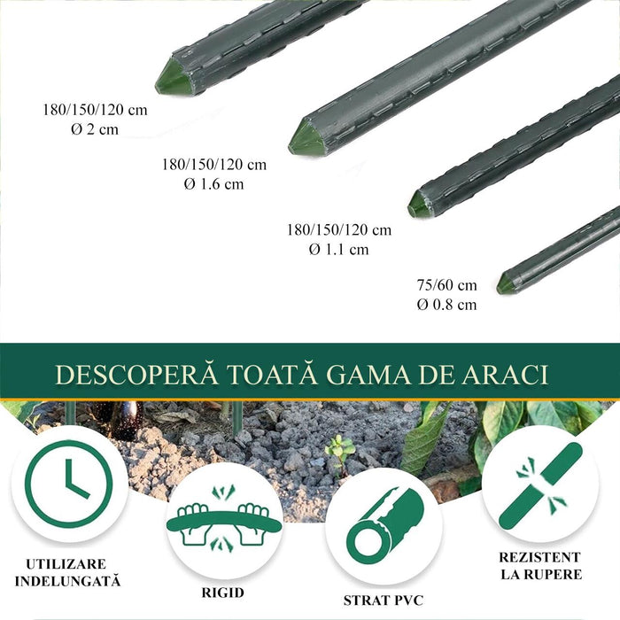 Set 25 araci/suport pentru rosii, castraveti, fasole, metal + PVC, verde, 180x1.6 cm, Artool