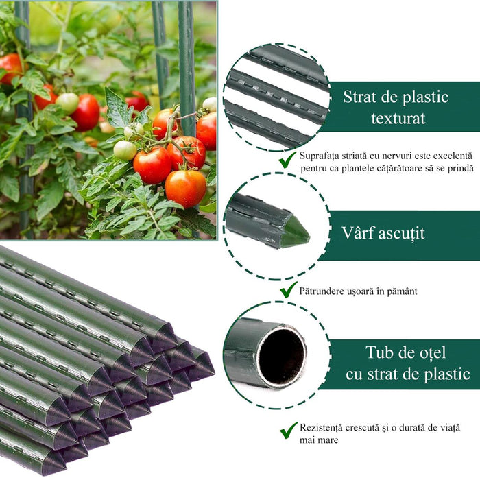 Set 25 araci/suport pentru rosii, castraveti, fasole, metal + PVC, verde, 120x2 cm, Artool