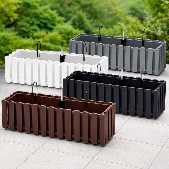 Set 3 jardiniere decorative cu suport metalic, sistem irigare, maro, 58x18x16.2 cm, Boardee Fencycase W