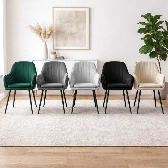 Scaun stil fotoliu bucatarie/living, Artool, Lugo, catifea bej, picioare metal negru, 57.5x56.5x86.5 cm