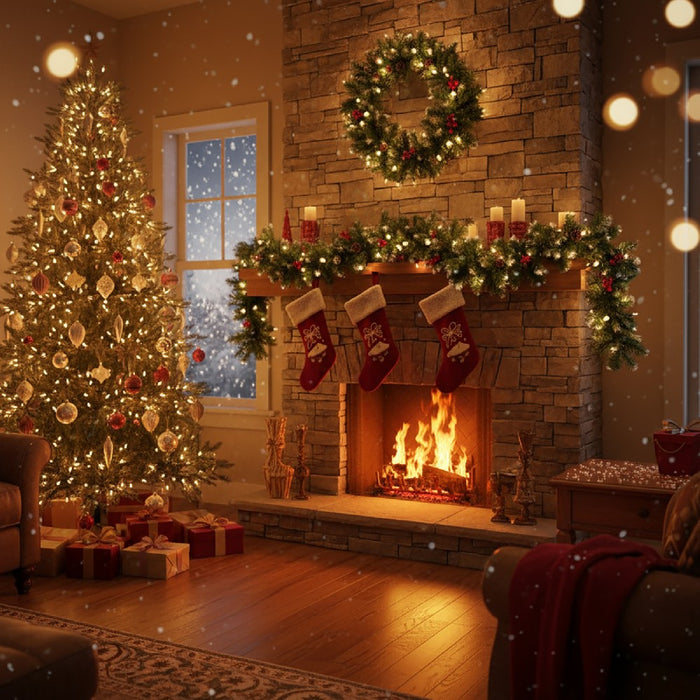 Ghirlandă de brad artificial – verde, cu efect de zăpadă, cu conuri și bobițe roșii – 200 cm – PVC