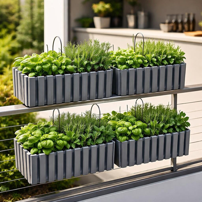 Set 3 jardiniere decorative cu suport metalic, sistem irigare, gri, 58x18x16.2 cm, Boardee Fencycase W